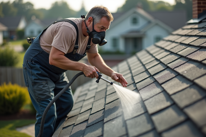 Hommes en combinaison appliquant un traitement sur un vieux toit en bardeaux