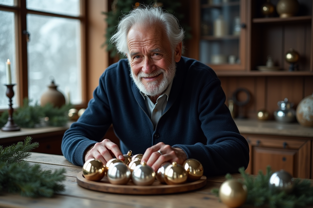 Homme âgé polissant des boules de Noël en bois