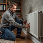 Homme d'âge moyen ajustant un radiateur mural moderne dans un sous-sol confortable