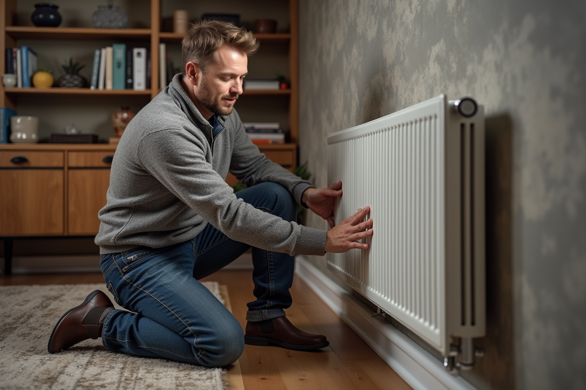 Homme d'âge moyen ajustant un radiateur mural moderne dans un sous-sol confortable