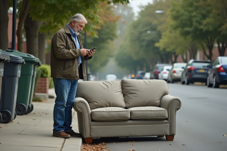 Homme d'âge moyen vérifiant son téléphone près d'un sofa usé dans la rue