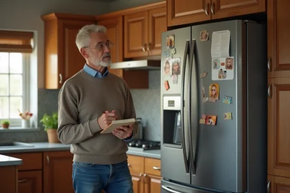 Homme dans la cuisine moderne près du réfrigérateur