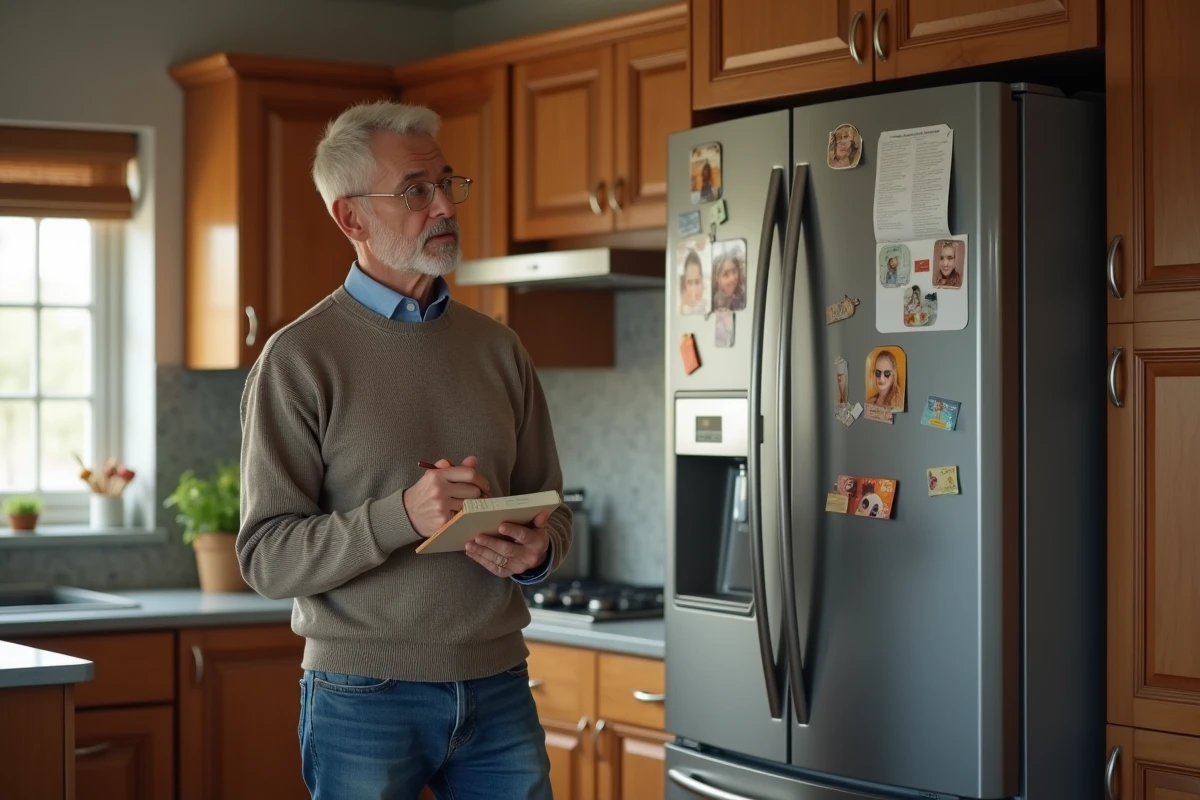 Homme dans la cuisine moderne près du réfrigérateur