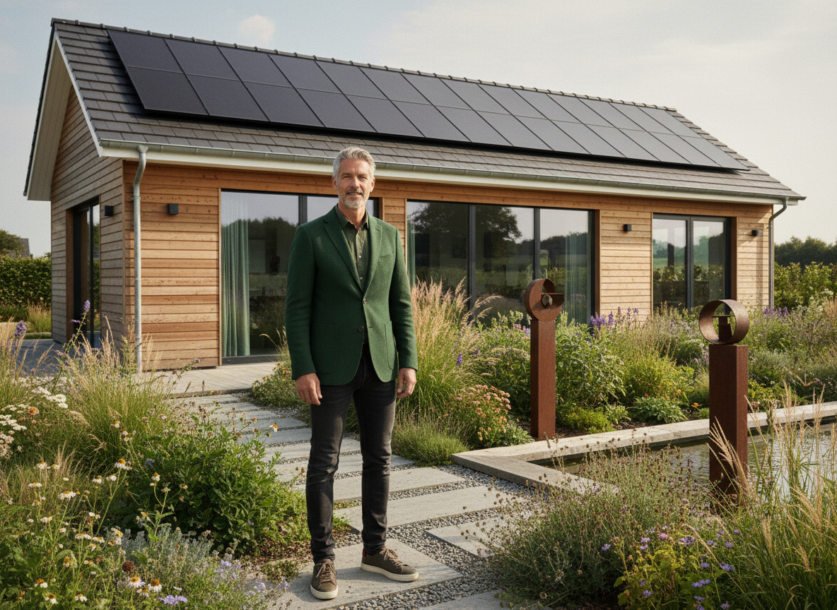 Homme devant une maison rénovée avec panneaux solaires