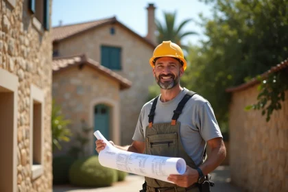 Homme en vêtements pratiques devant maison ancienne à Béziers