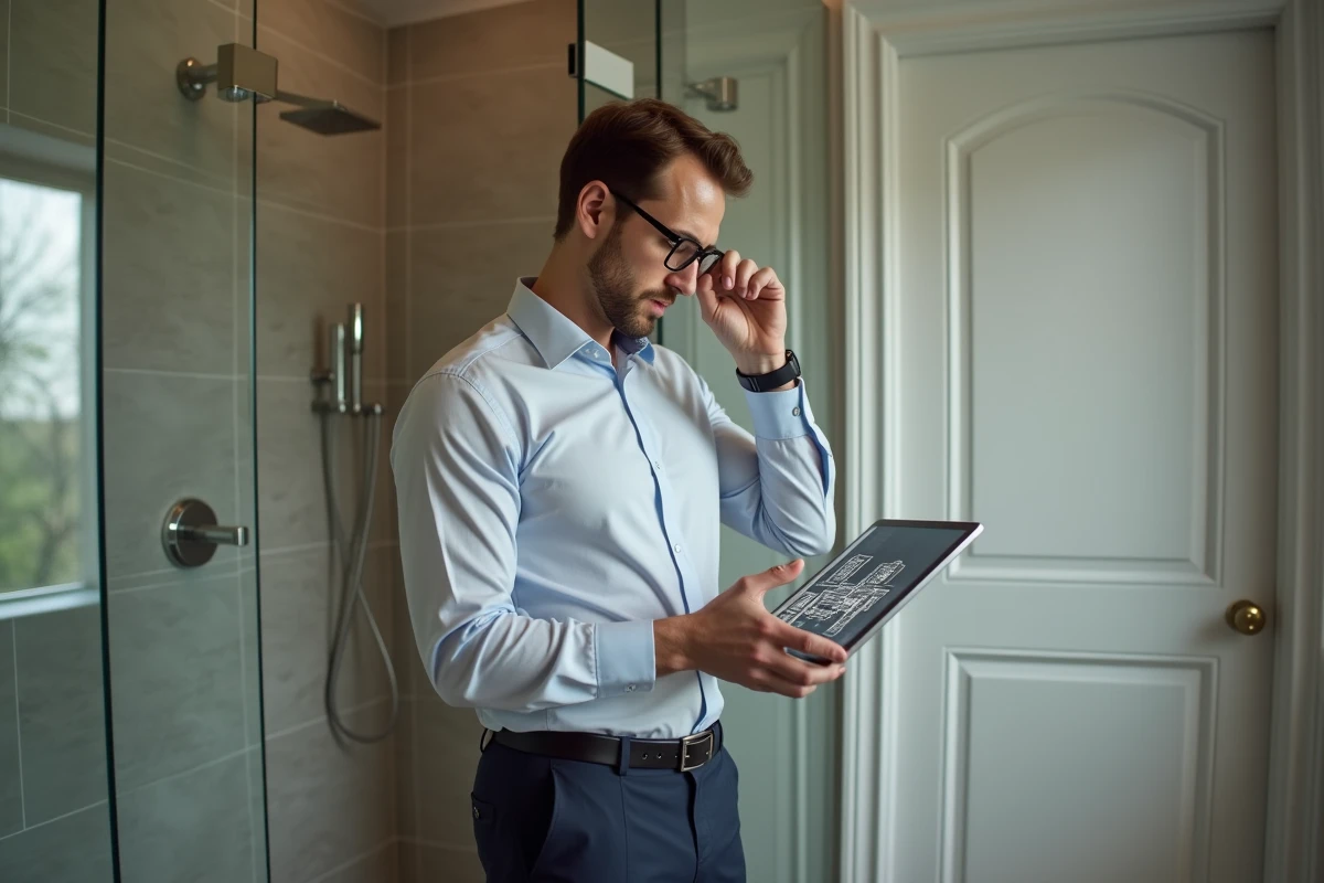 Homme regardant un plan 3D dans une salle de bain rénovée