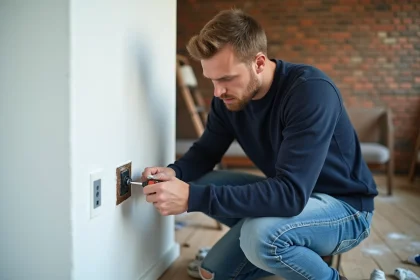 Homme en jeans examine une prise TV dans un intérieur rénové