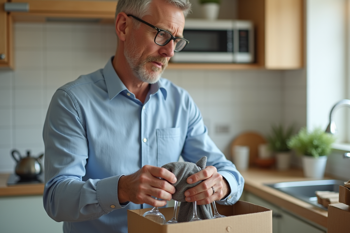Homme pliant des chaussettes autour de verres dans une cuisine moderne