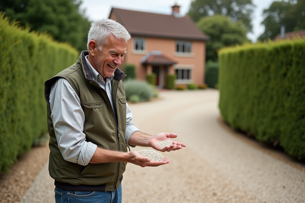 Homme retraité inspectant un échantillon de pierres blanches