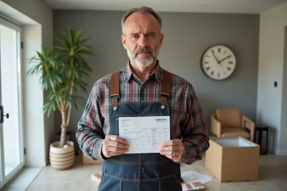 Homme en tenue de travail tenant une facture de carrelage dans un salon