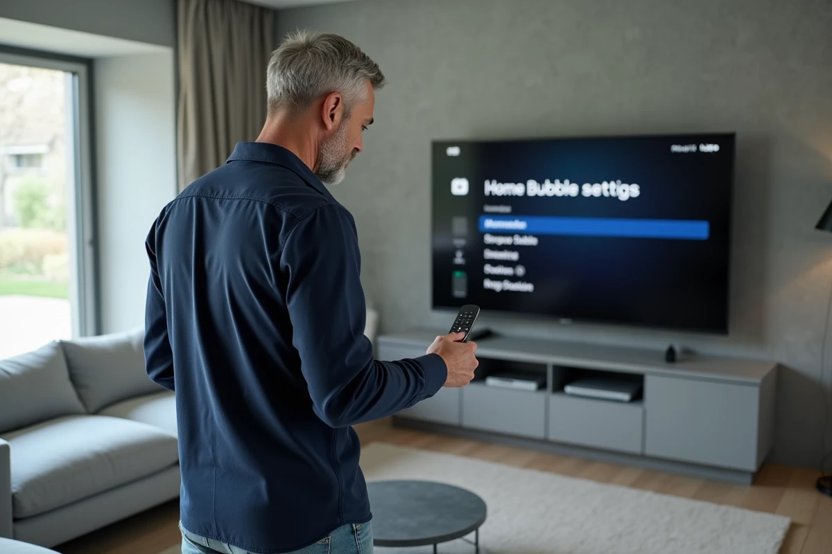 Homme debout devant un téléviseur intelligent affichant le menu de réglage Home bubble en français dans un salon moderne