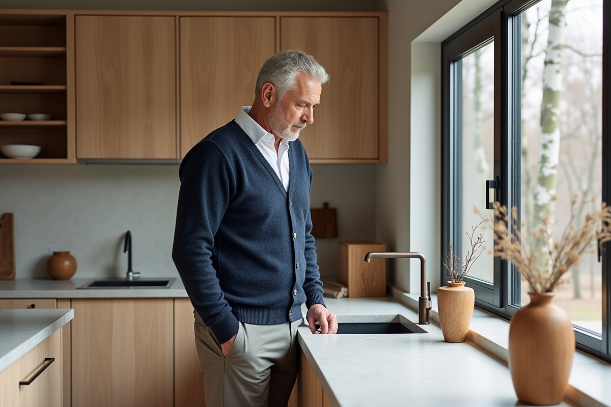 Homme regardant un vase en bois dans une cuisine scandinave