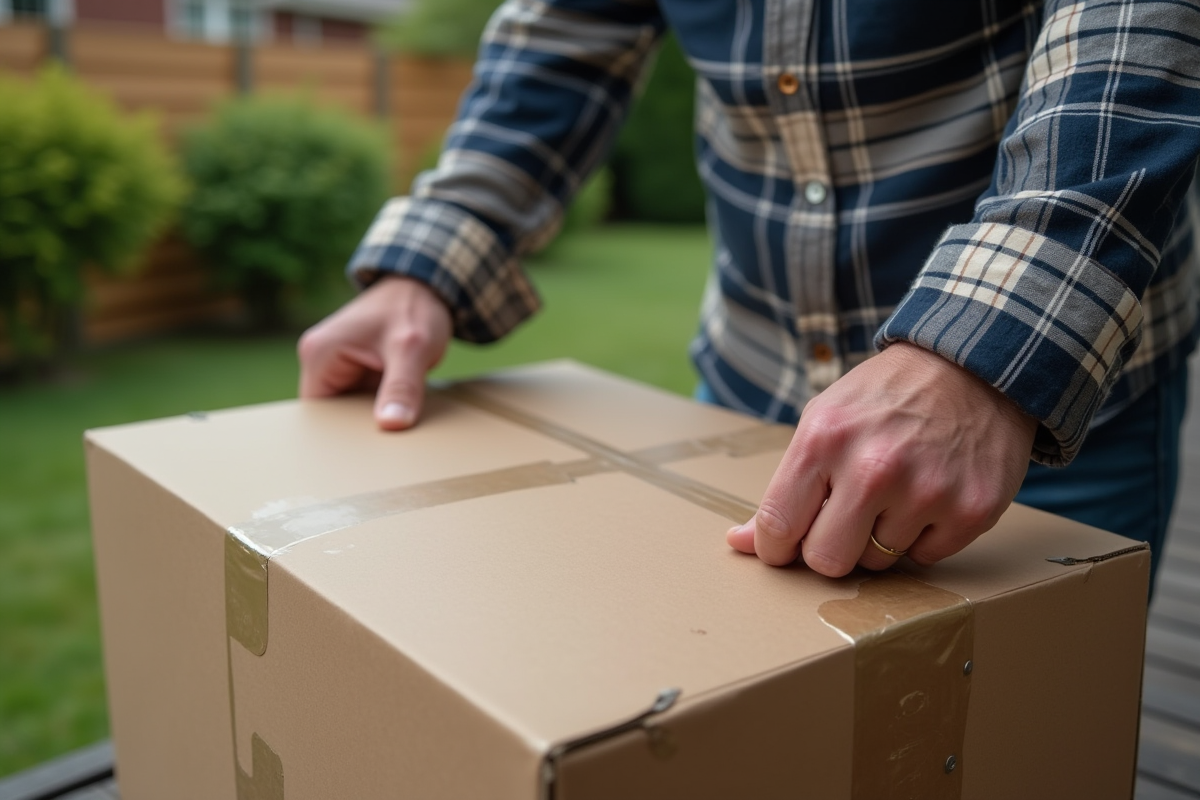 Homme inspectant un carton robuste sur une terrasse extérieure