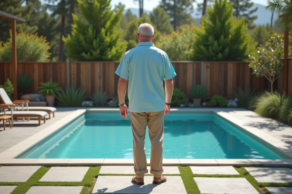 Homme d'âge moyen vérifiant la piscine en béton décoratif