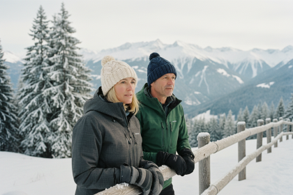 Couple en vetements d hiver alpin en montagne enneigee
