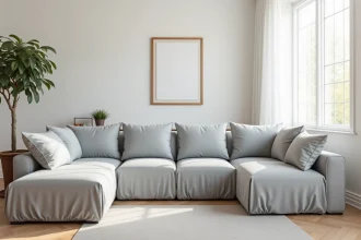 Housse de canapé d'angle grise bien ajustée sur un canapé en L dans un salon moderne