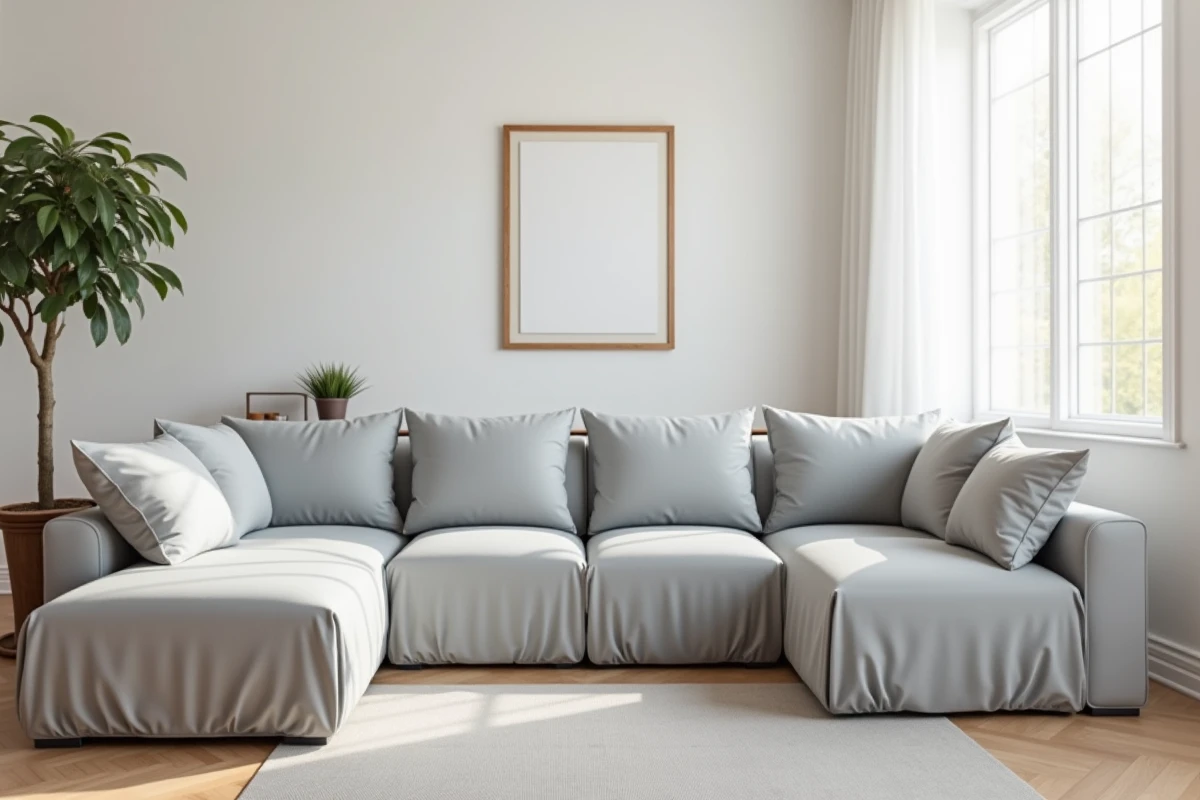 Housse de canapé d'angle grise bien ajustée sur un canapé en L dans un salon moderne