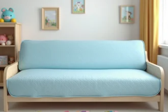 Housse matelassée imperméable bleue pastel sur un clic clac dans une chambre d'enfant décorée avec étagères et jouets colorés