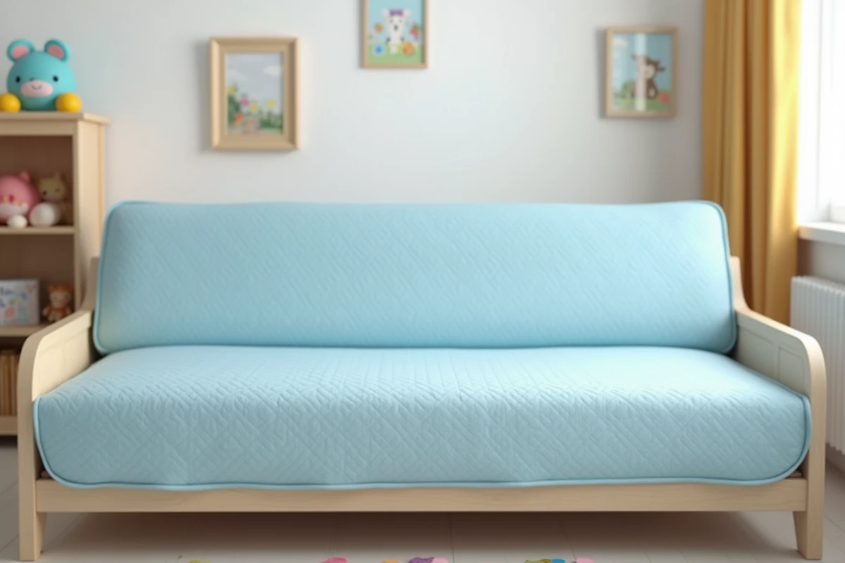 Housse matelassée imperméable bleue pastel sur un clic clac dans une chambre d'enfant décorée avec étagères et jouets colorés