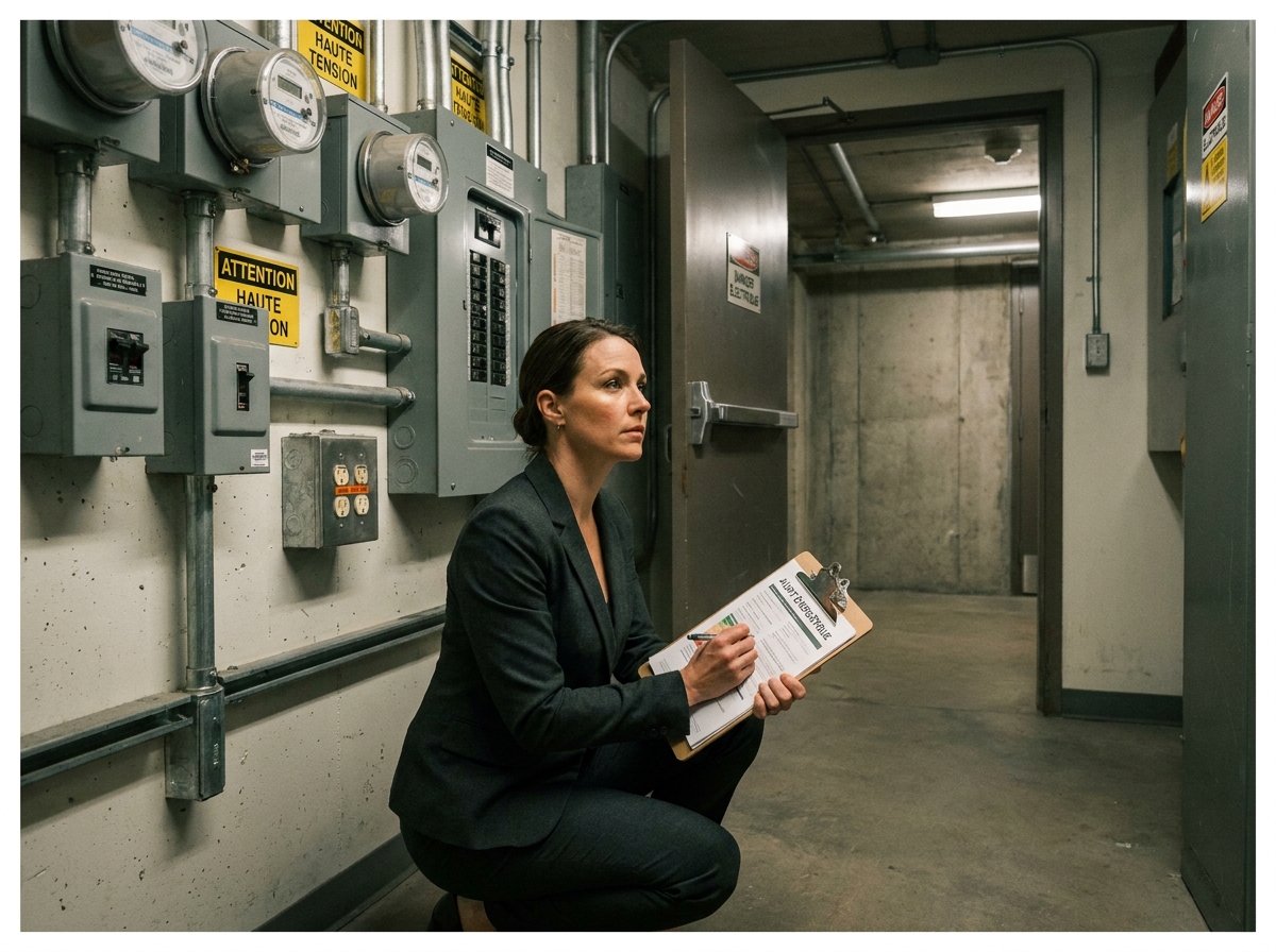 Femme gestionnaire inspectant des compteurs électriques dans la salle technique d'un local professionnel