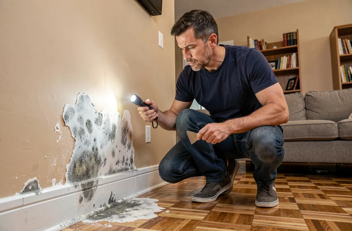 Homme inspectant une zone de moisissure grisâtre sur le bas d'un mur de salon près de la plinthe