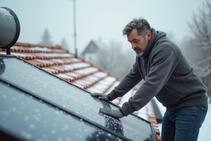 Homme inspectant un panneau solaire en hiver avec neige