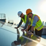 Superviseur et ouvrier inspectant des panneaux solaires sur un toit moderne