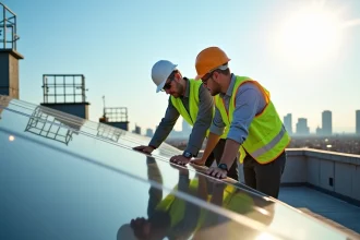 Superviseur et ouvrier inspectant des panneaux solaires sur un toit moderne