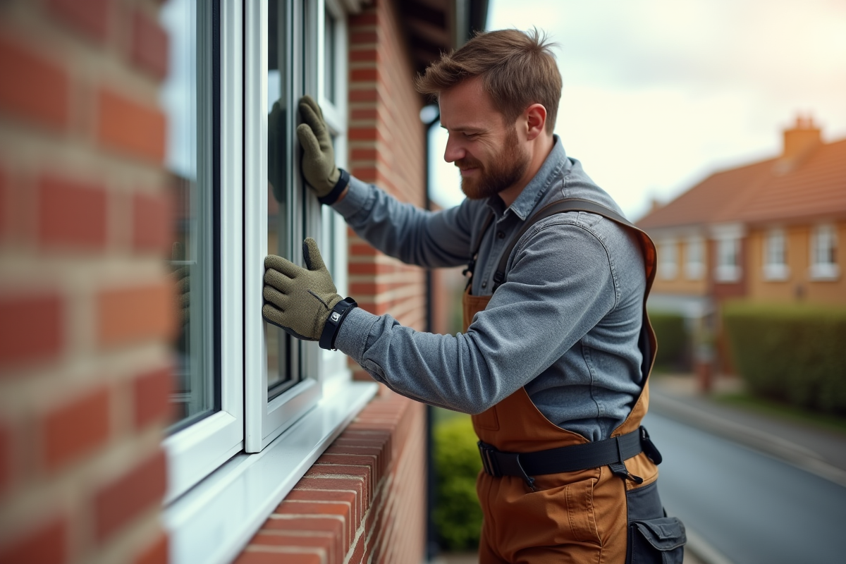 Installateur professionnel posant une fenêtre dans une maison en briques