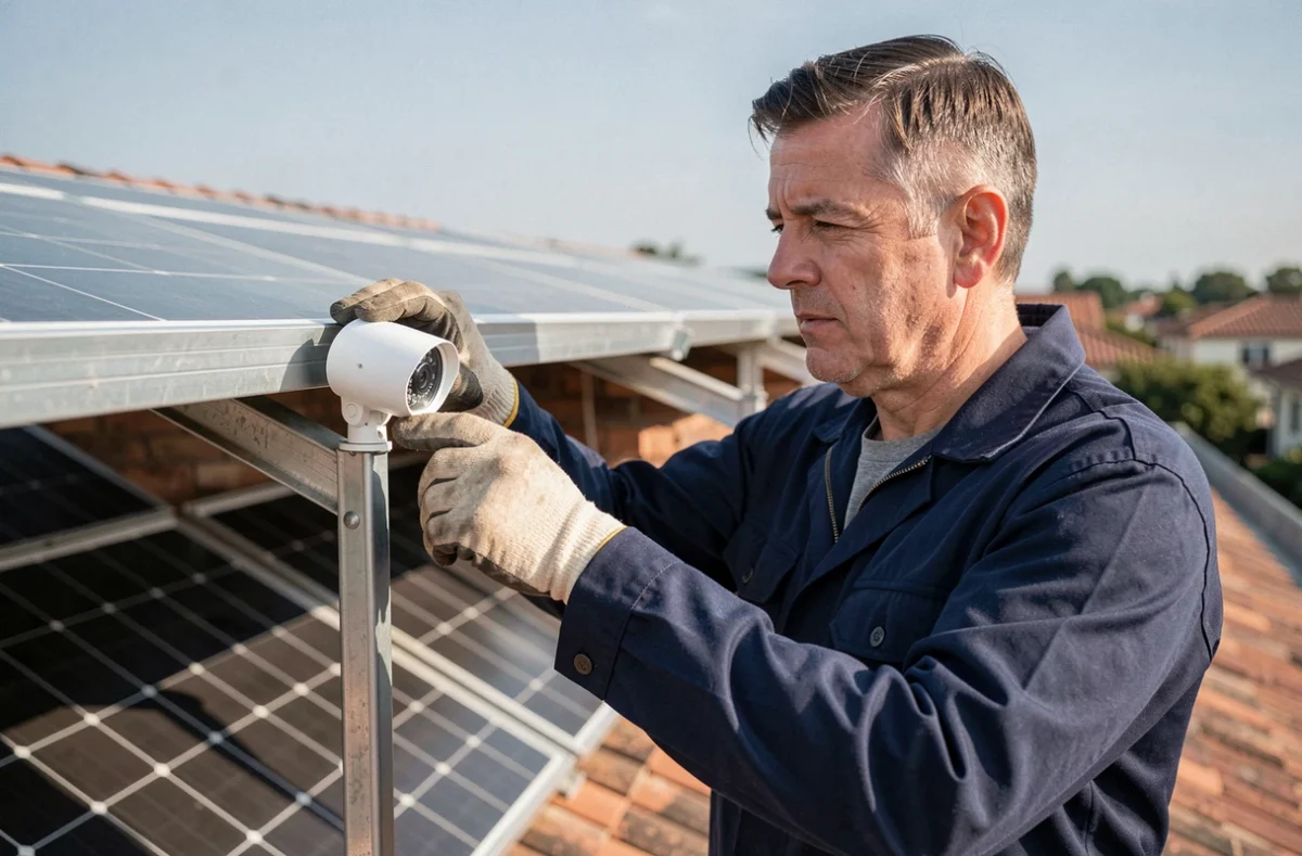 Technicien installant une caméra de sécurité sur un panneau solaire en toiture résidentielle