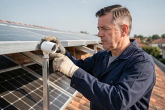 Technicien installant une caméra de sécurité sur un panneau solaire en toiture résidentielle