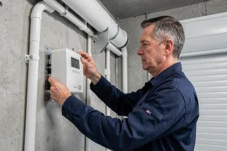 Technicien installant le coffret TITAN C28 sur un volet roulant dans une pièce technique résidentielle
