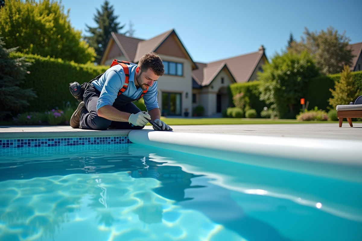 Technicien installant une couverture automatique sur une piscine