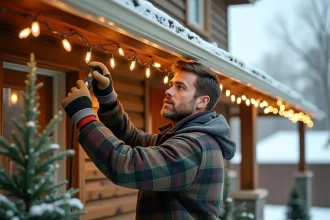 Homme installant des guirlandes lumineuses LED sur la façade extérieure d'une maison en hiver avec précaution et équipement adapté