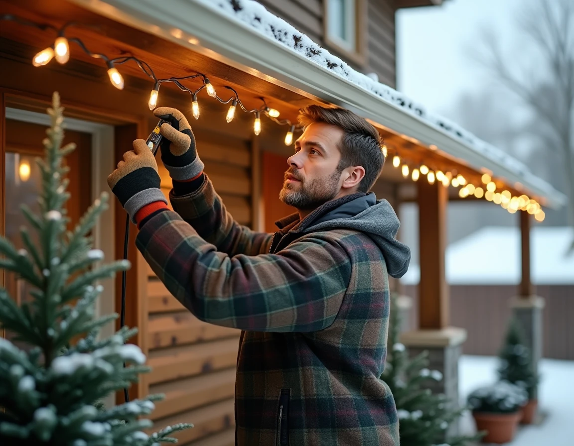Homme installant des guirlandes lumineuses LED sur la façade extérieure d'une maison en hiver avec précaution et équipement adapté
