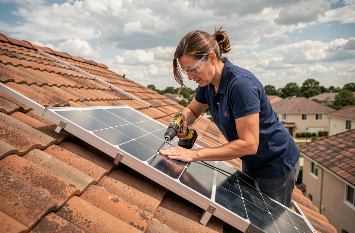 Femme installant un panneau solaire en kit sur un toit en tuiles avec une perceuse sans fil