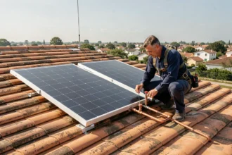 Technicien installant des panneaux solaires thermiques sur un toit en tuiles pour un chauffe-eau solaire