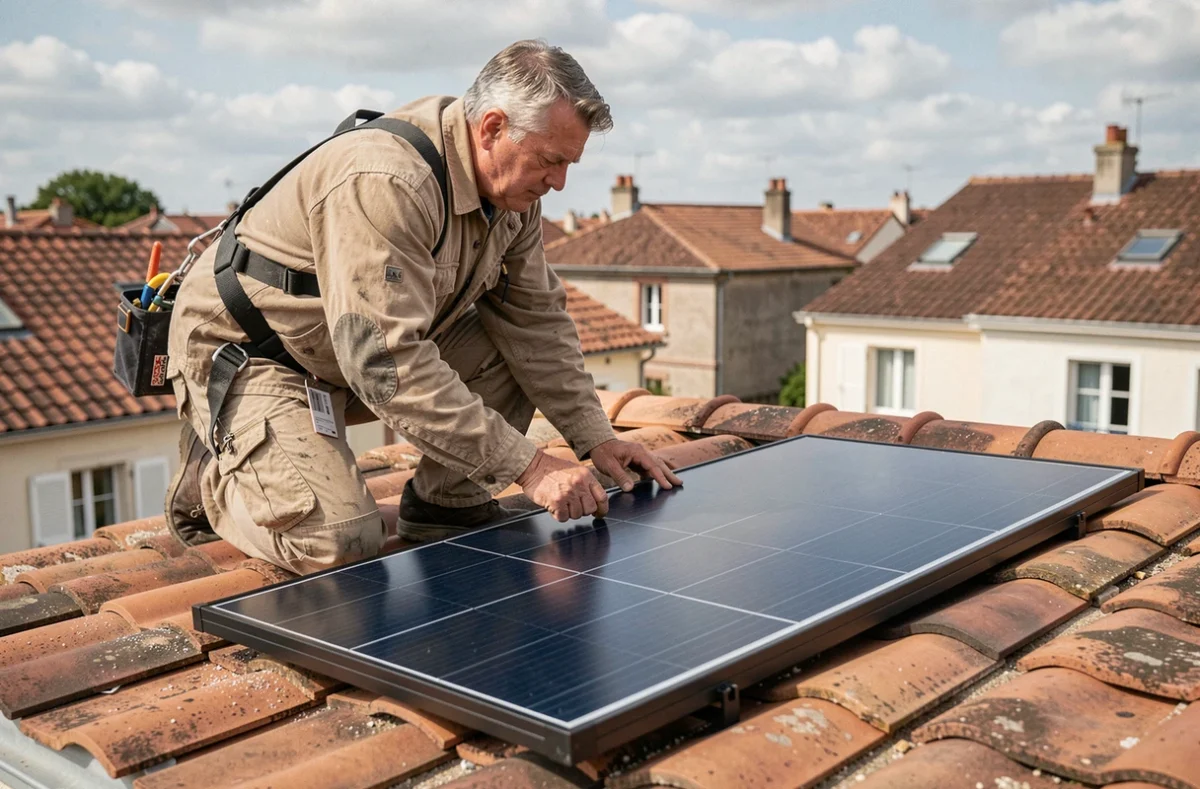 Couvreur installant des panneaux solaires sur une toiture en tuiles dans un quartier résidentiel français