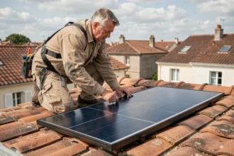 Couvreur installant des panneaux solaires sur une toiture en tuiles dans un quartier résidentiel français