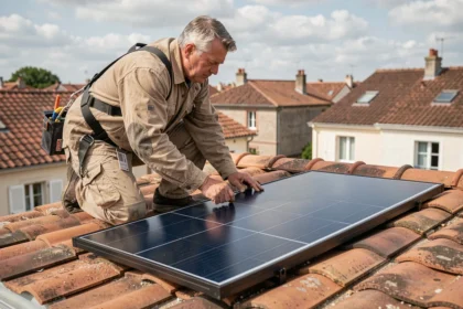 Couvreur installant des panneaux solaires sur une toiture en tuiles dans un quartier résidentiel français