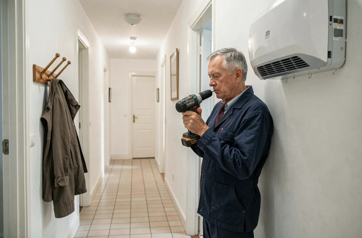 Technicien installant une pompe à chaleur sans unité extérieure dans le couloir d'un appartement