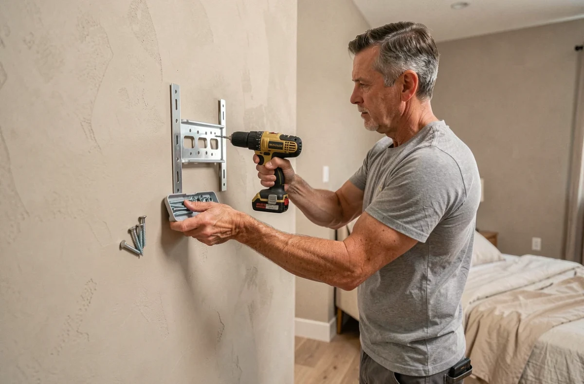 Pose d'un support mural pour TV sur cloison en placo dans une chambre moderne, par un installateur professionnel utilisant une perceuse et des chevilles adaptées
