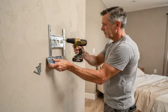 Pose d'un support mural pour TV sur cloison en placo dans une chambre moderne, par un installateur professionnel utilisant une perceuse et des chevilles adaptées