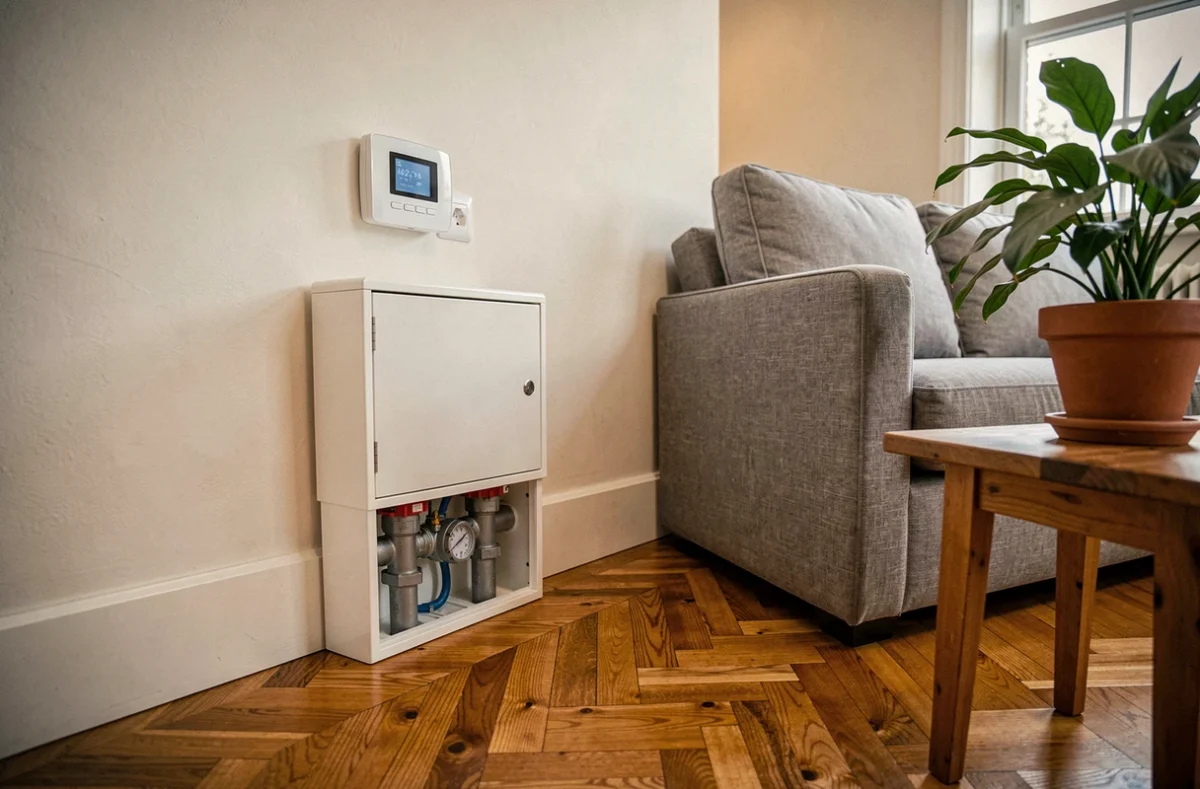 Intérieur d'un salon français équipé d'un thermostat connecté et d'un plancher chauffant alimenté par une pompe à chaleur