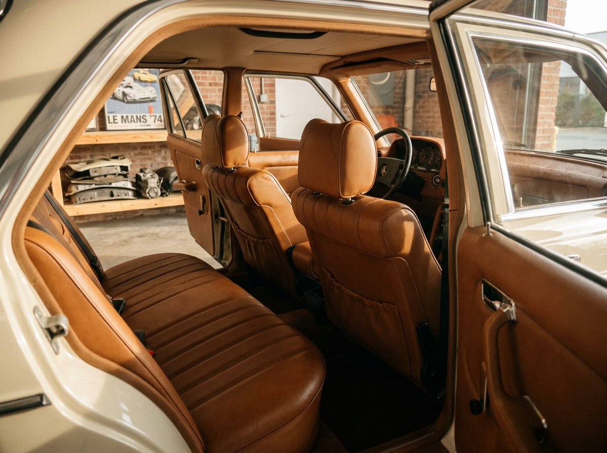 Intérieur d'une voiture classique des années 70 avec des sièges en cuir caramel parfaitement restaurés
