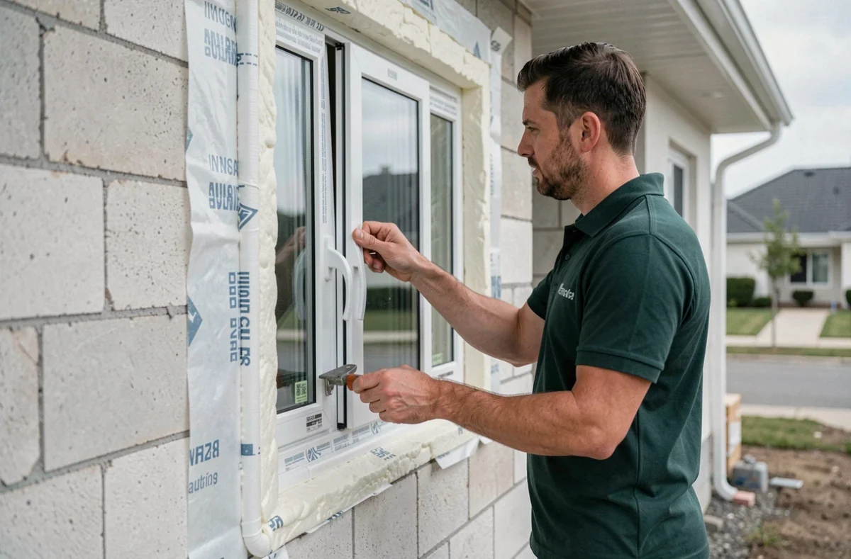 Installateur Isogreen SAS posant une fenêtre avec isolation thermique sur la façade d'une maison neuve dans les Yvelines