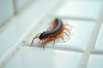 Iule maison (Scutigera coleoptrata) photographié en gros plan sur un carrelage de salle de bain blanc, pattes déployées et antennes étendues