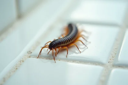 Iule maison (Scutigera coleoptrata) photographié en gros plan sur un carrelage de salle de bain blanc, pattes déployées et antennes étendues