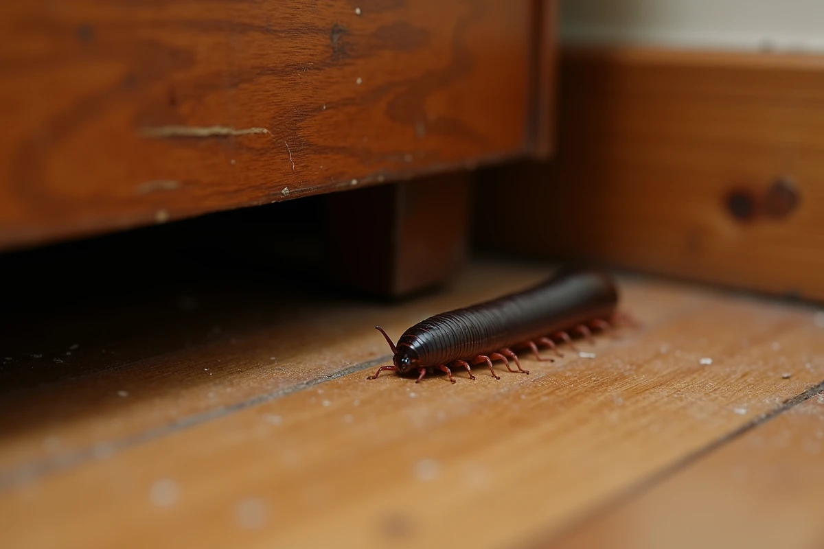 Iule maison sortant d'une fissure entre la plinthe et le parquet d'un salon, capturé en angle bas au niveau du sol