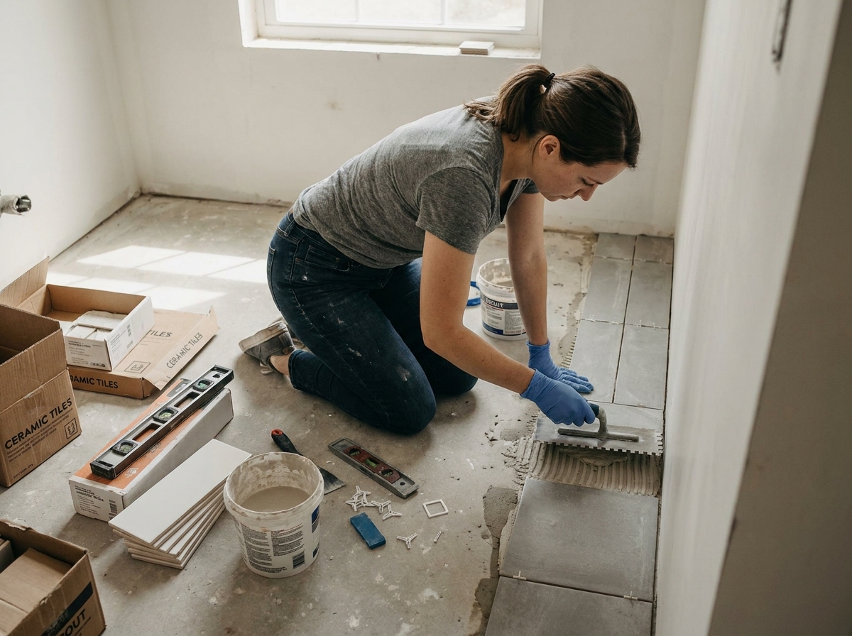 Jeune femme posant des carreaux dans une salle de bain moderne